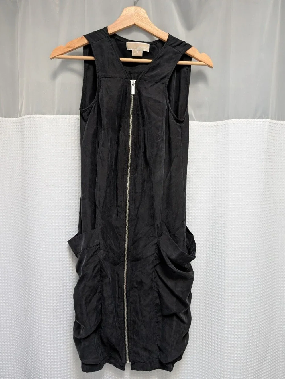Michael Kors 100% Silk Full Zip Dress Dark Gray V-Neck Sleeveless Size 0 Grunge